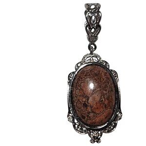 Vintage Silver Tone Jasper Pendant Ornate Design Victorian Gothic Fashion Women